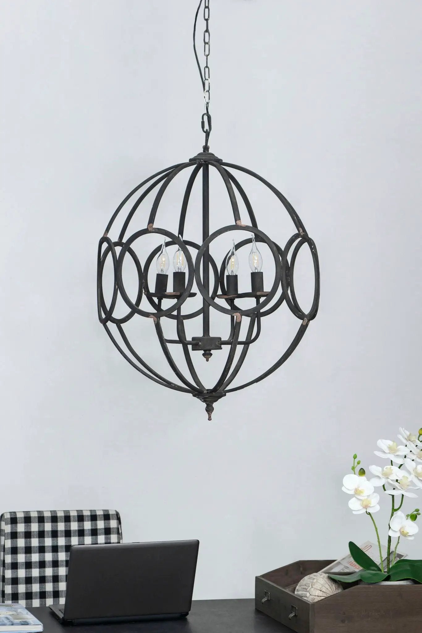 4-light black metal chandelier with spherical open frame and adjustable chain on Tampa Home & Garden Store