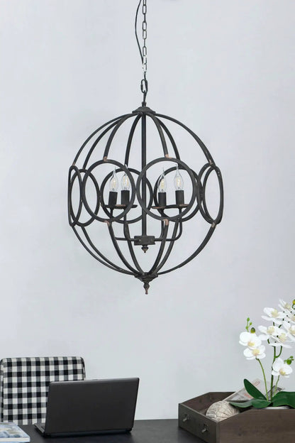 4-light black metal chandelier with spherical open frame and adjustable chain on Tampa Home & Garden Store
