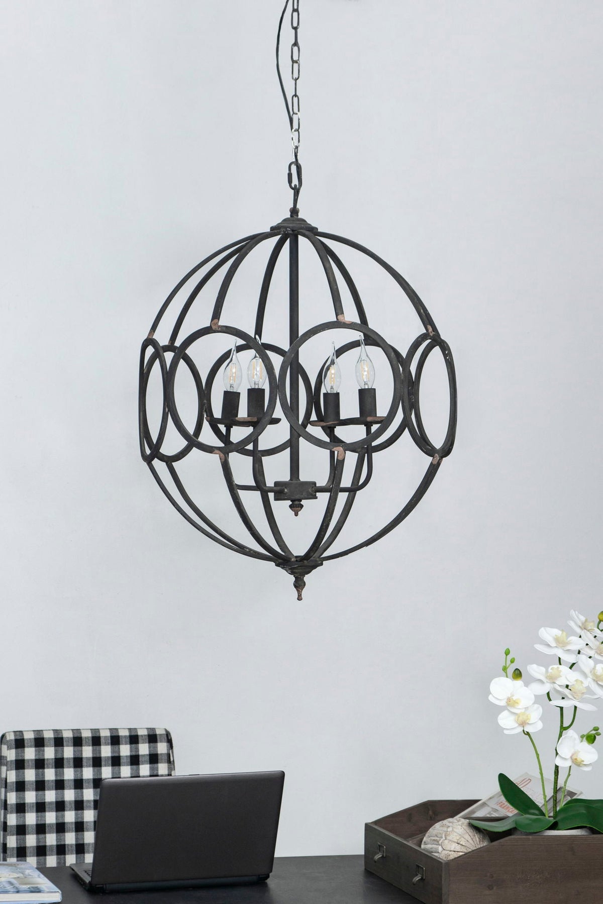 4 Light Black Metal Chandelier with adjustable chain and orb rings, bulbs by HouseOfZazla on Tampa Home & Garden Store
