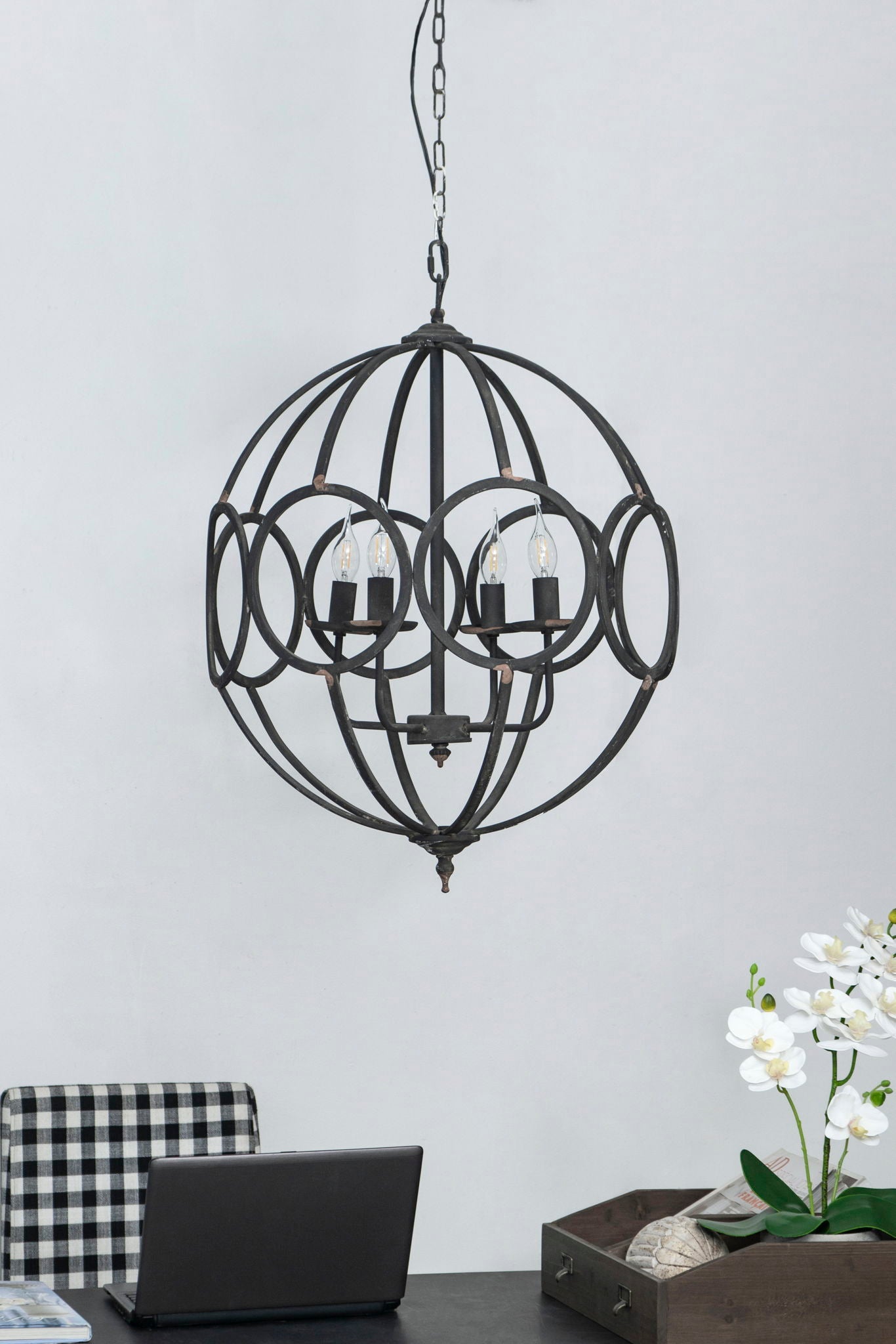 4 Light Black Metal Chandelier with adjustable chain and orb rings, bulbs by HouseOfZazla on Tampa Home & Garden Store