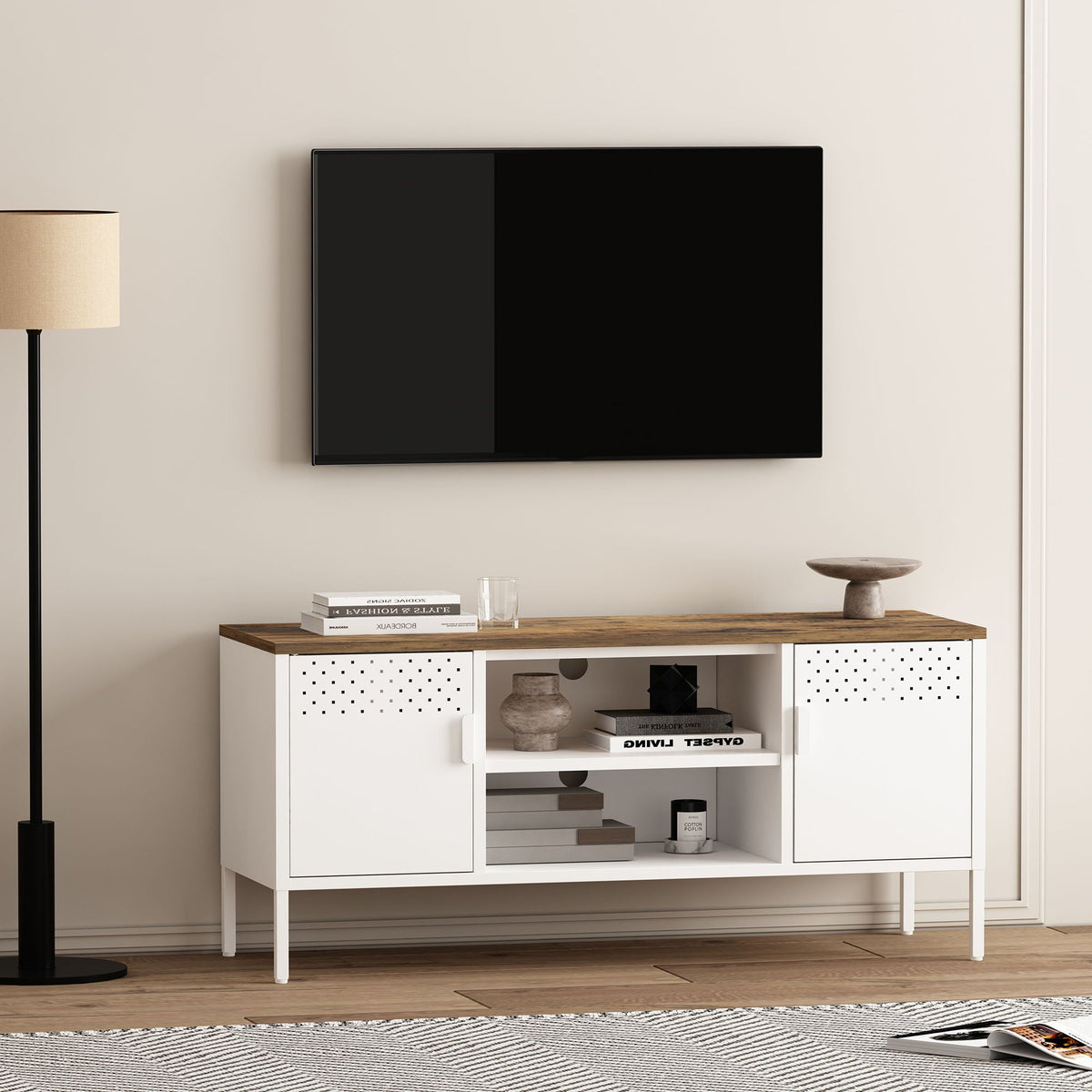 Storage cabinet TV stand with steel frame, white body and wood top, dual perforated doors on Tampa Home & Garden Store
