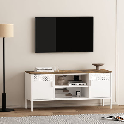 Storage cabinet TV stand with steel frame, white body and wood top, dual perforated doors on Tampa Home & Garden Store