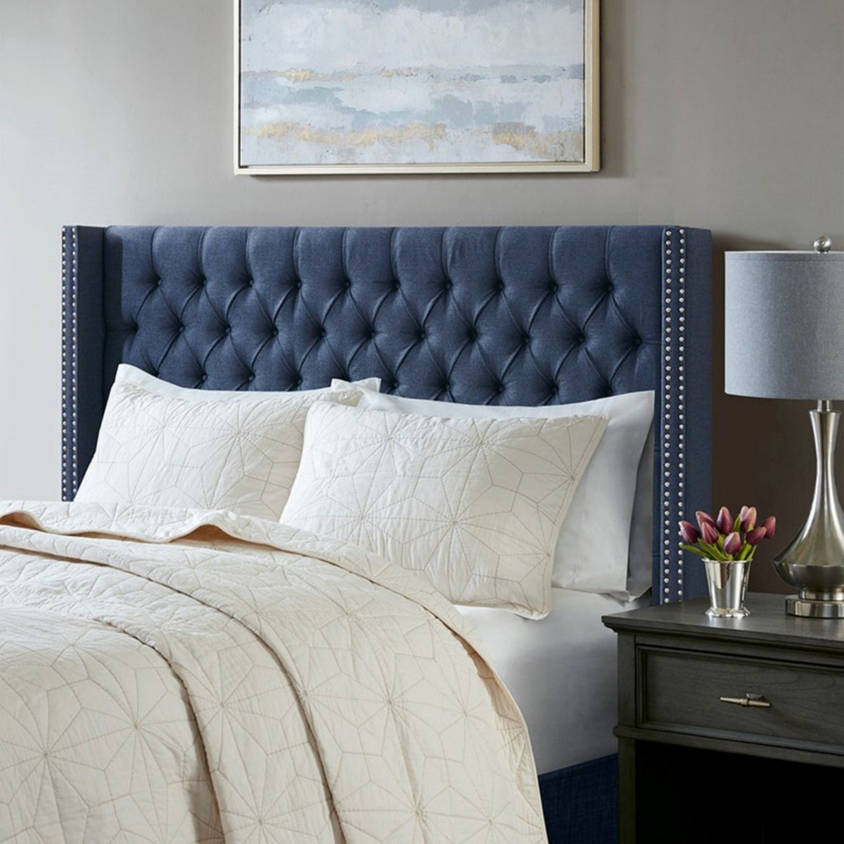 Transitional upholstered blue headboard with tufted buttons and nailhead trim, Queen by HouseOfZazla on Tampa Home & Garden Store