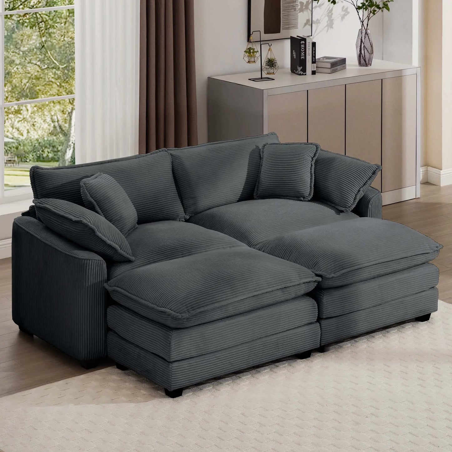 Modern oversized modular cushion sofa with ottoman in charcoal fabric, low back 3-piece set on Tampa Home & Garden Store