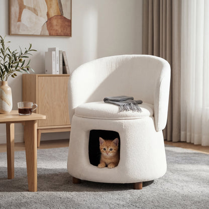 Beige plush upholstery chair with hidden pet nook, cat peeking from the opening on Tampa Home & Garden Store