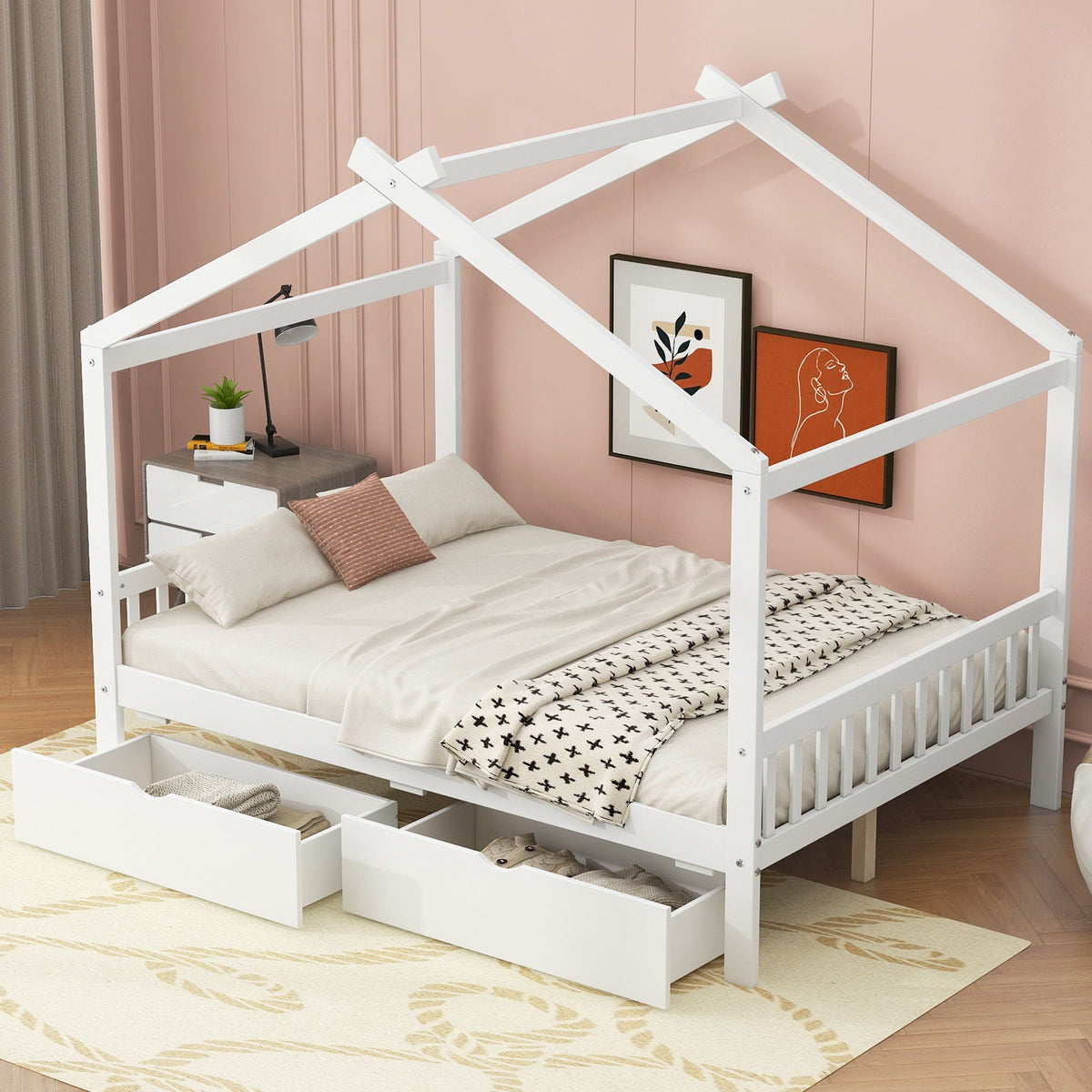 House Style Platform Bed with headboard, footboard, 2 drawers, roof design by HouseOfZazla on Tampa Home & Garden Store