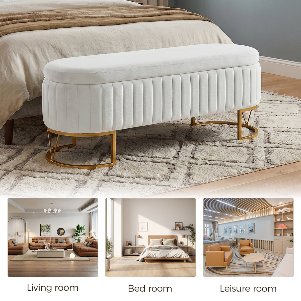 The Velvet Storage Bench with Gold Metal Legs