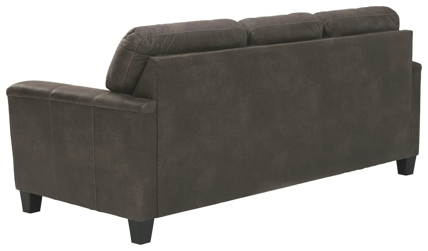 Navi Stationary Sofa in dark brown faux leather with three back cushions and tapered legs on Tampa Home & Garden Store