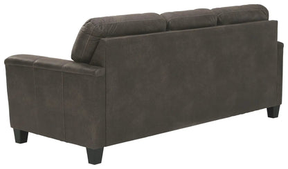 Navi Stationary Sofa in dark brown faux leather with three back cushions and tapered legs on Tampa Home & Garden Store