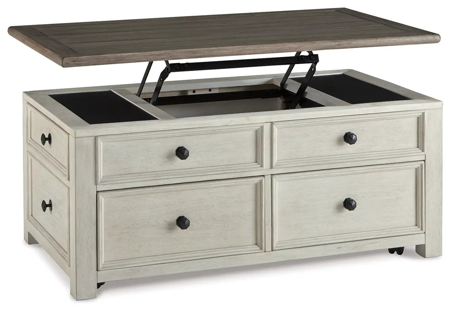 Bolanburg lift-top cocktail table whitewashed beige with dark brown top and black hardware on Tampa Home & Garden Store