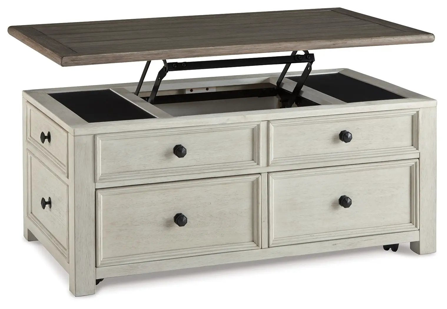 Bolanburg lift-top cocktail table whitewashed beige with dark brown top and black hardware on Tampa Home & Garden Store