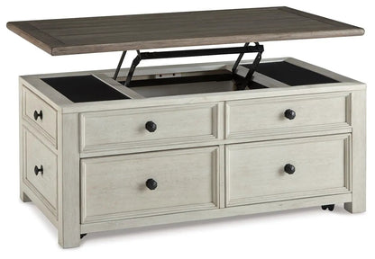 Bolanburg lift-top cocktail table whitewashed beige with dark brown top and black hardware on Tampa Home & Garden Store