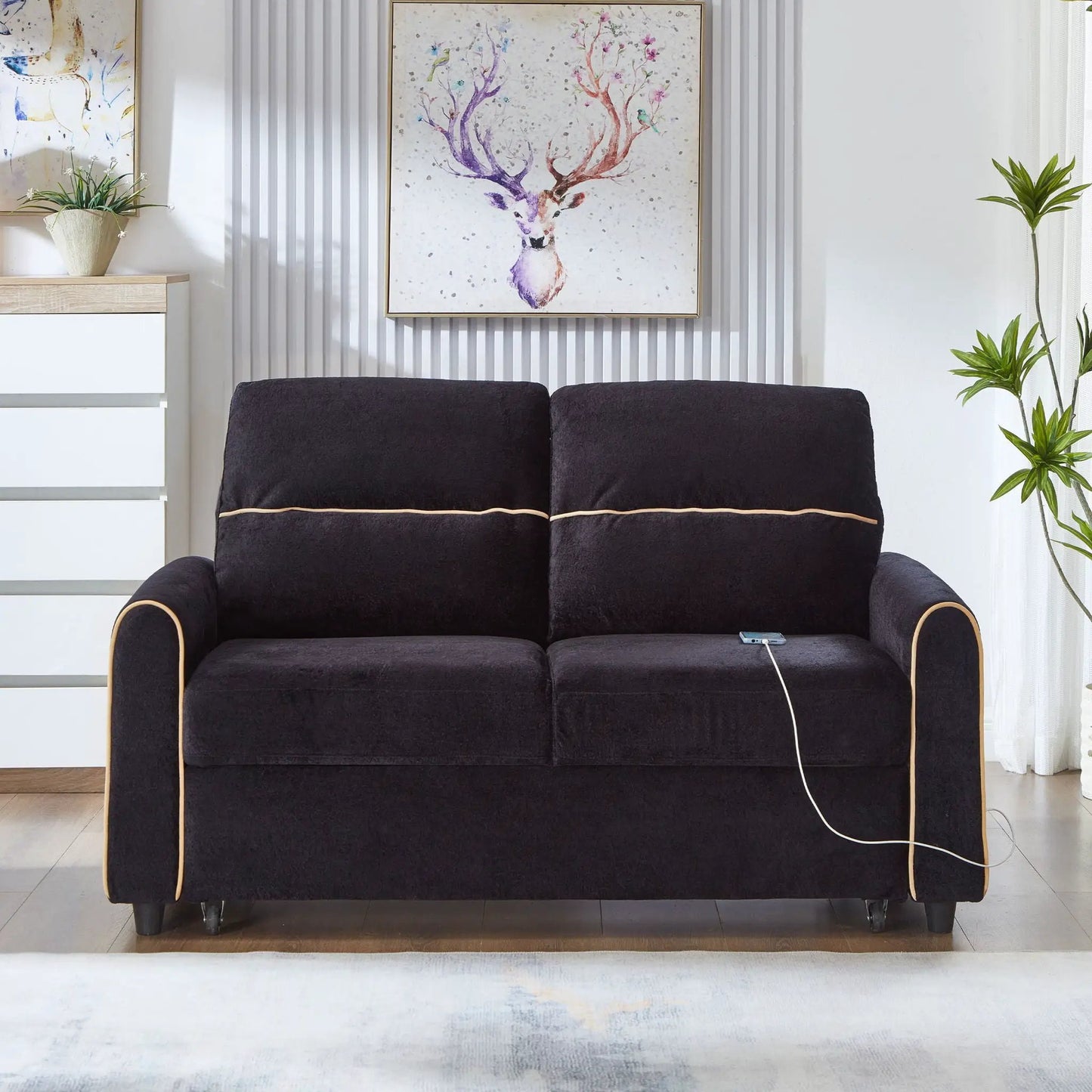 Pull-out sofa bed in dark navy upholstery with beige piping, modern sleeper loveseat on Tampa Home & Garden Store