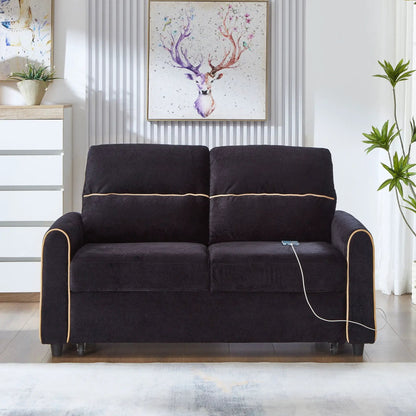 Pull-out sofa bed in dark navy upholstery with beige piping, modern sleeper loveseat on Tampa Home & Garden Store