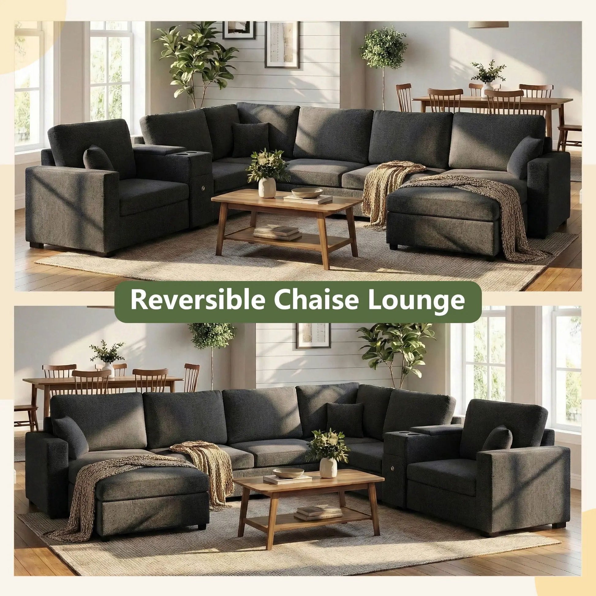 Modular 5-seat U-shaped gray sofa with chaise lounge built-in cup holders and storage drawer on Tampa Home & Garden Store