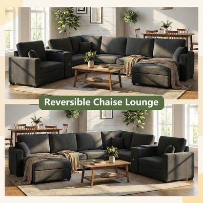Modular 5-seat U-shaped gray sofa with chaise lounge built-in cup holders and storage drawer on Tampa Home & Garden Store
