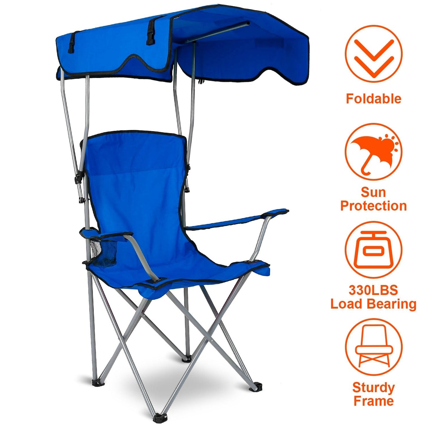 GemGear foldable beach canopy chair blue with cup holder, metal frame, 330 lbs load capacity on Tampa Home & Garden Store