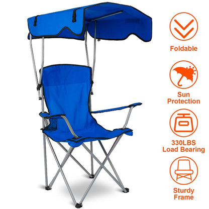 GemGear foldable beach canopy chair blue with cup holder, metal frame, 330 lbs load capacity on Tampa Home & Garden Store