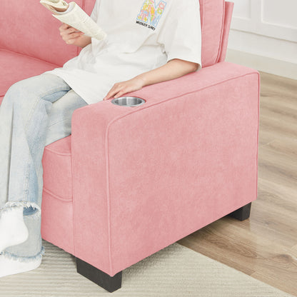 Modern Snowfleece 3 Seater Sofa with Cup Holder in pink upholstery, stationary sofa on Tampa Home & Garden Store