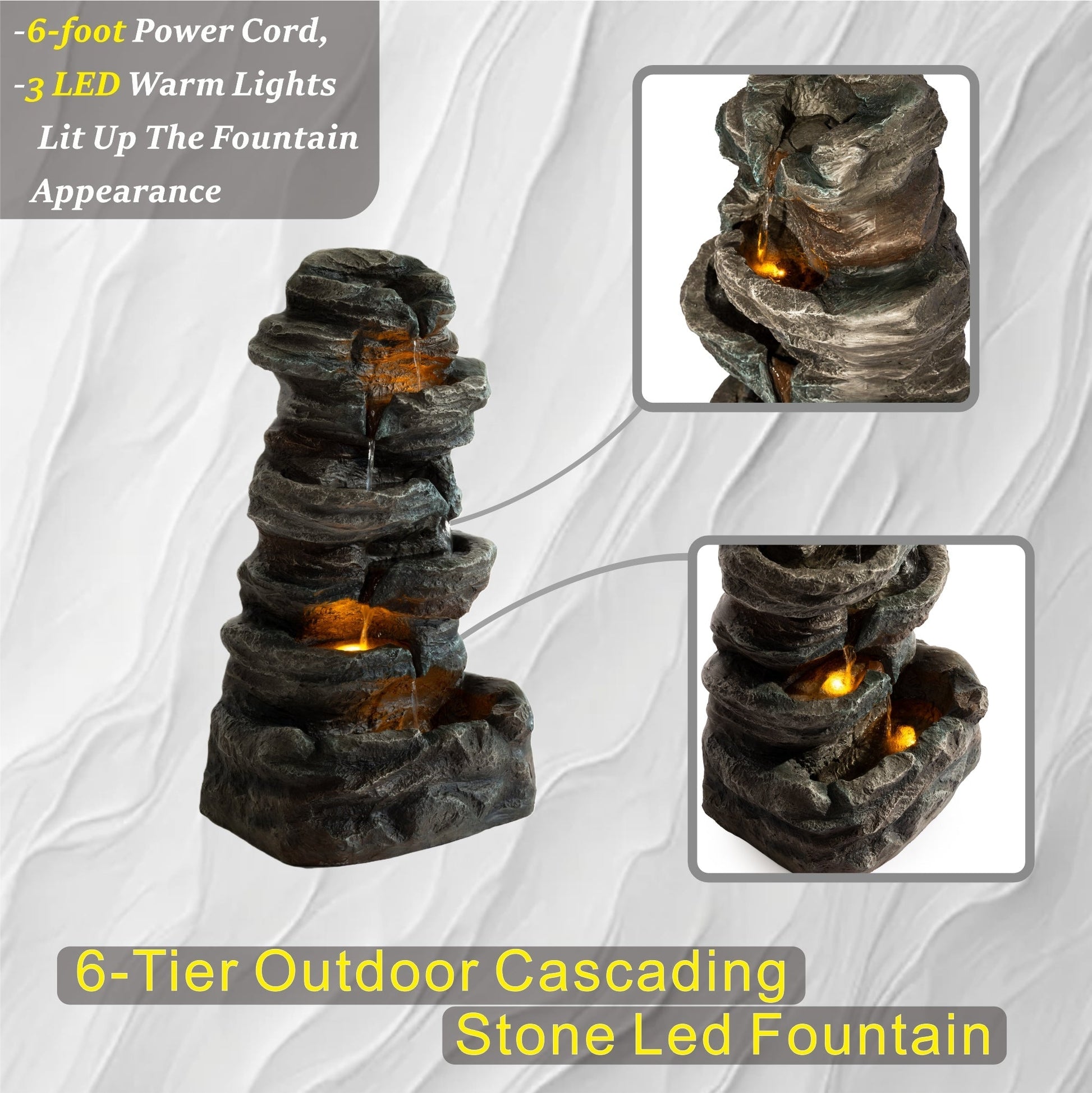 6-tier outdoor cascading stone water fountain with LED lights, livestock waterer HouseOfZazla on Tampa Home & Garden Store