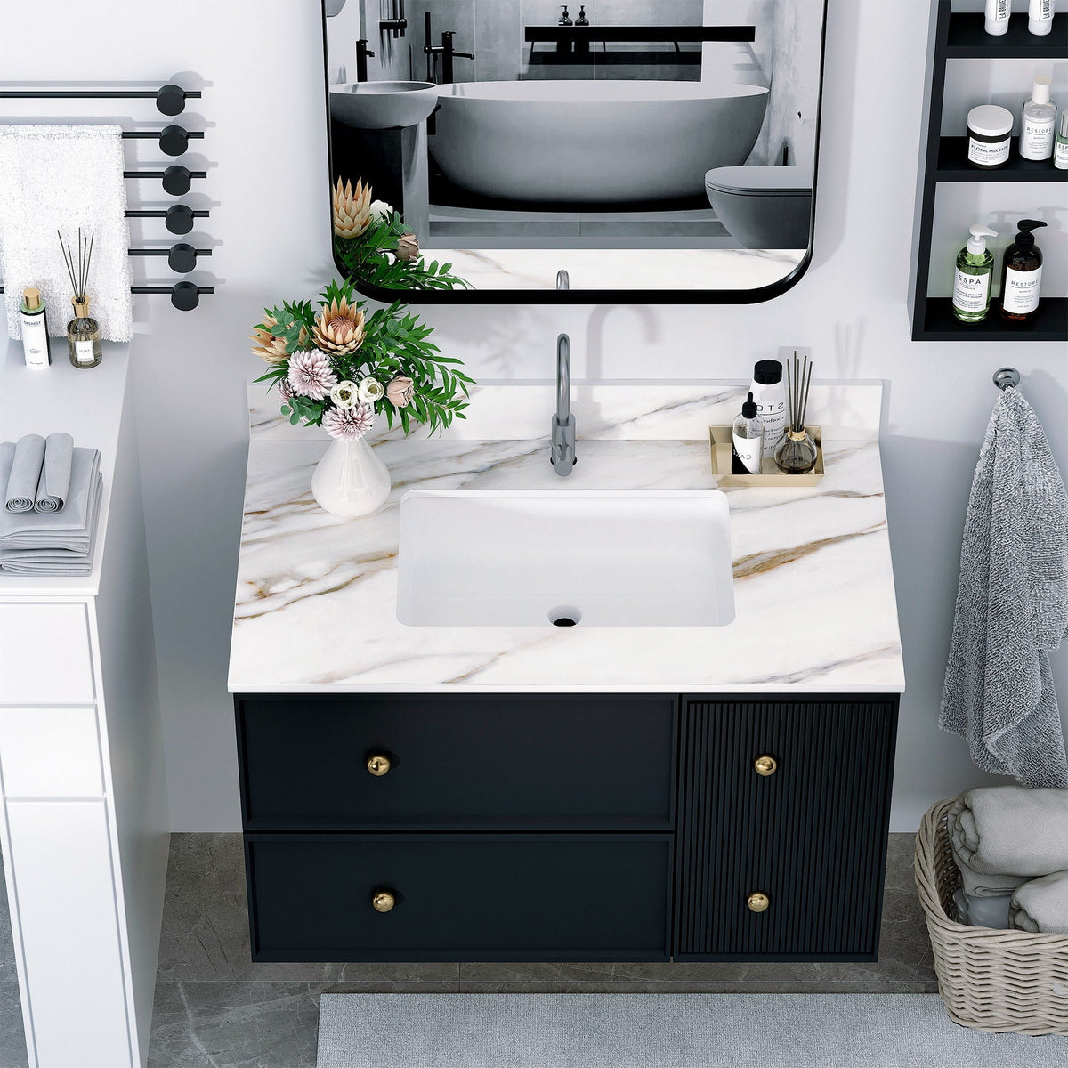 Elegant vanity top with undermount sink and backsplash, white marble, black base HouseOfZazla on Tampa Home & Garden Store