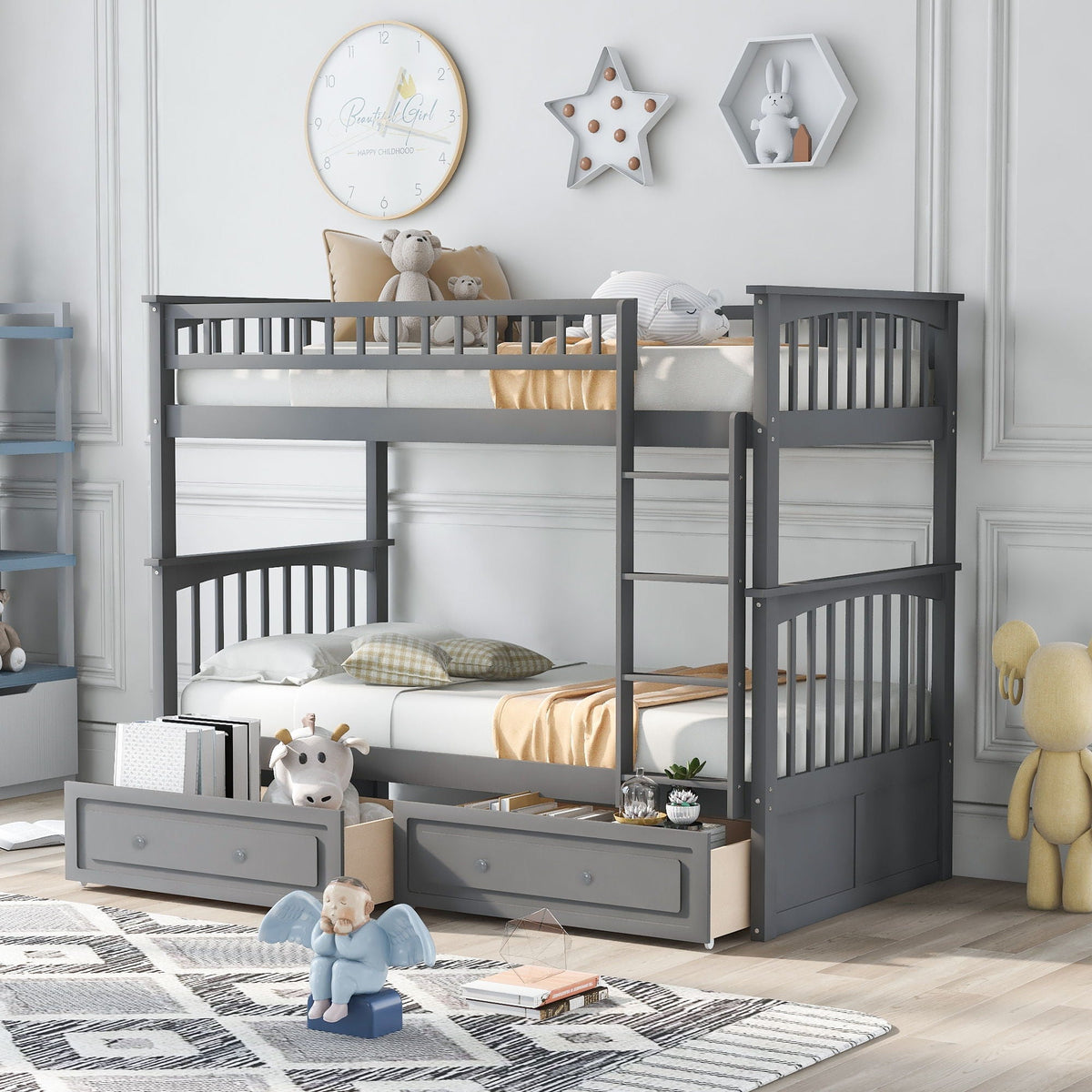 Twin over twin bunk bed with drawers in grey by HouseOfZazla; convertible with storage on Tampa Home & Garden Store