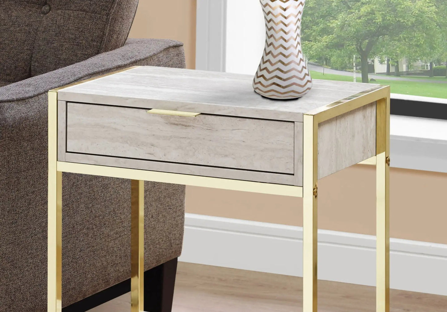 Accent Side Table with storage drawer, gold frame and marble-look tabletop on Tampa Home & Garden Store