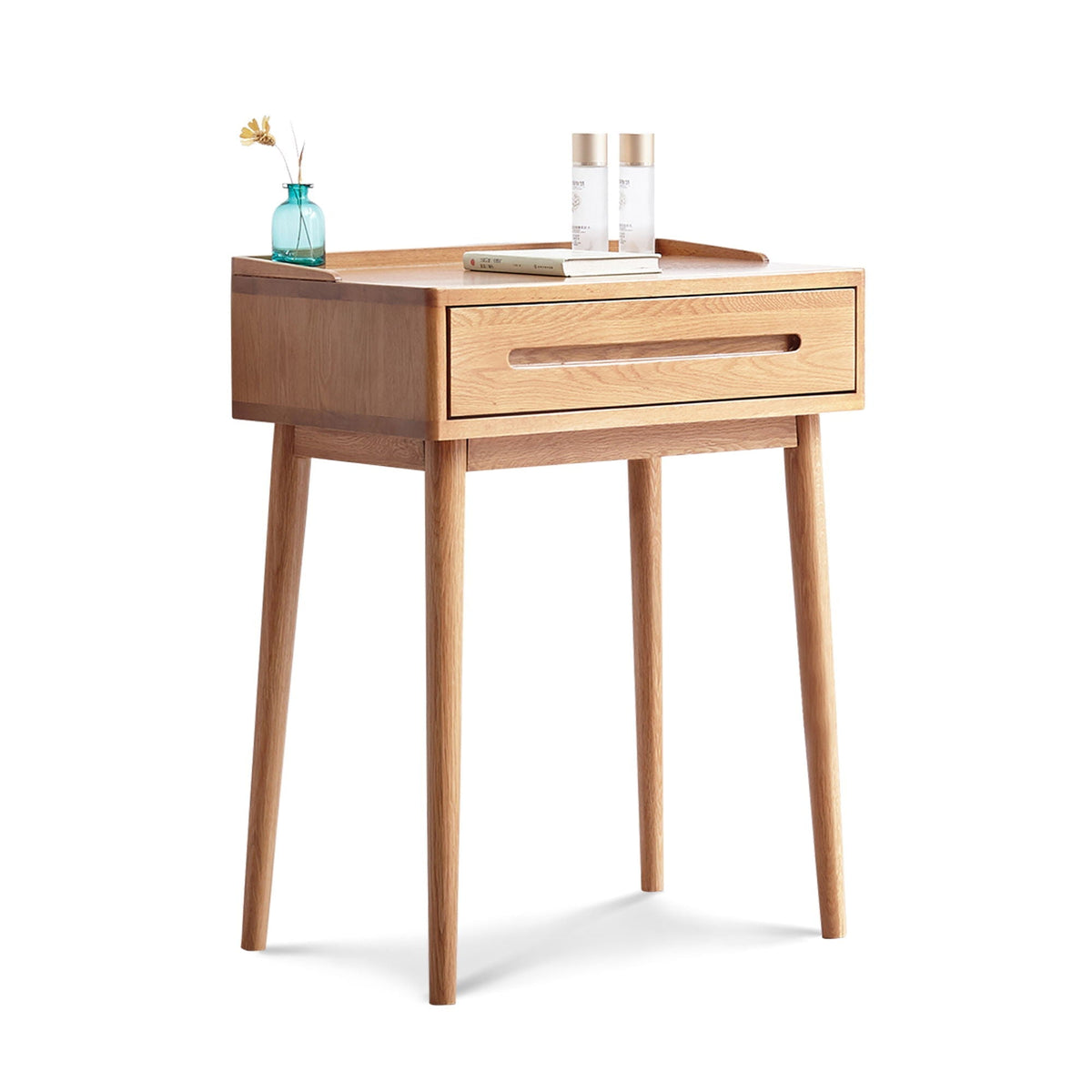 Oak vanity desk with storage drawer in light brown wood with tapered legs on Tampa Home & Garden Store