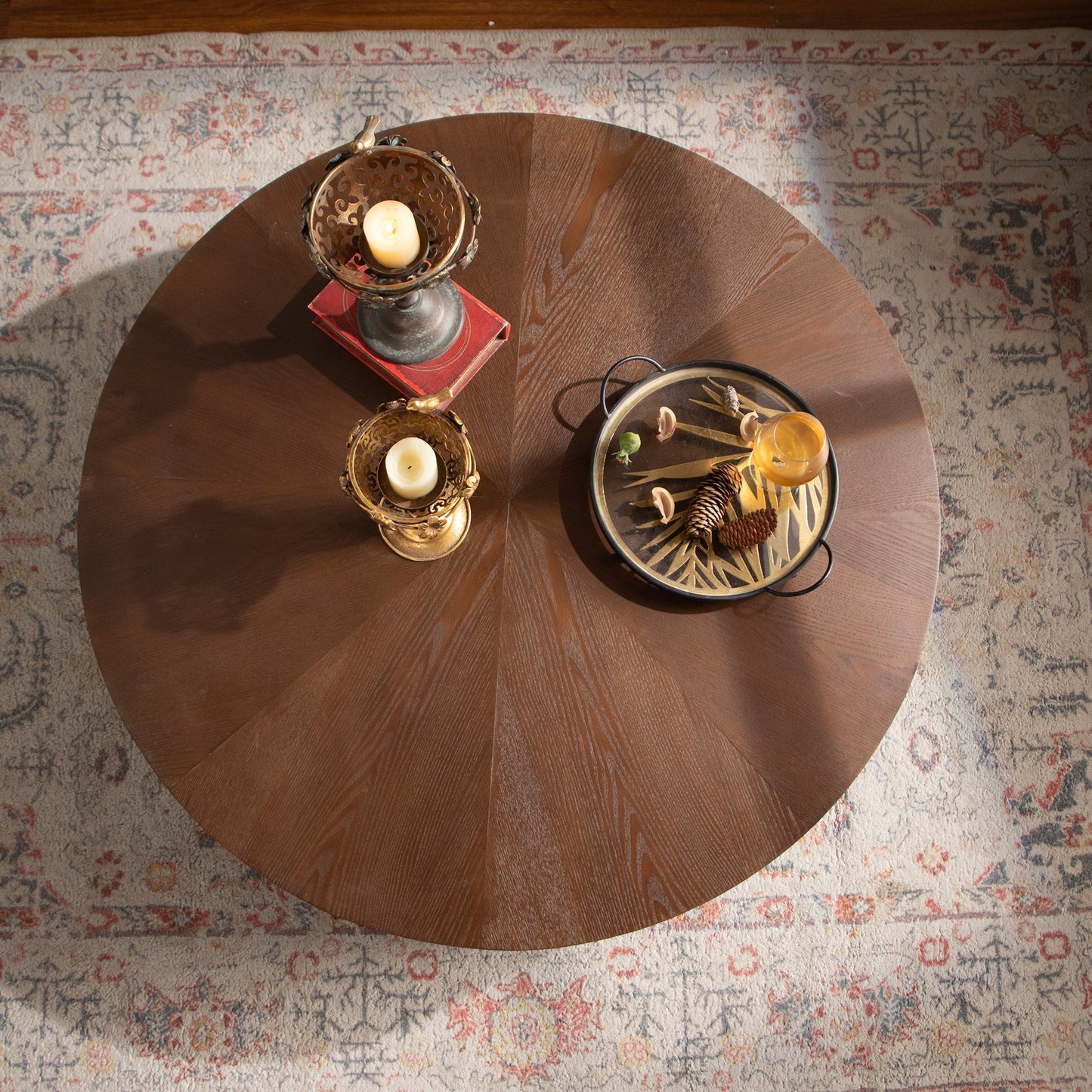 HouseOfZazla 38.97' round handcrafted coffee table in warm brown wood with brass candle holders on Tampa Home & Garden Store