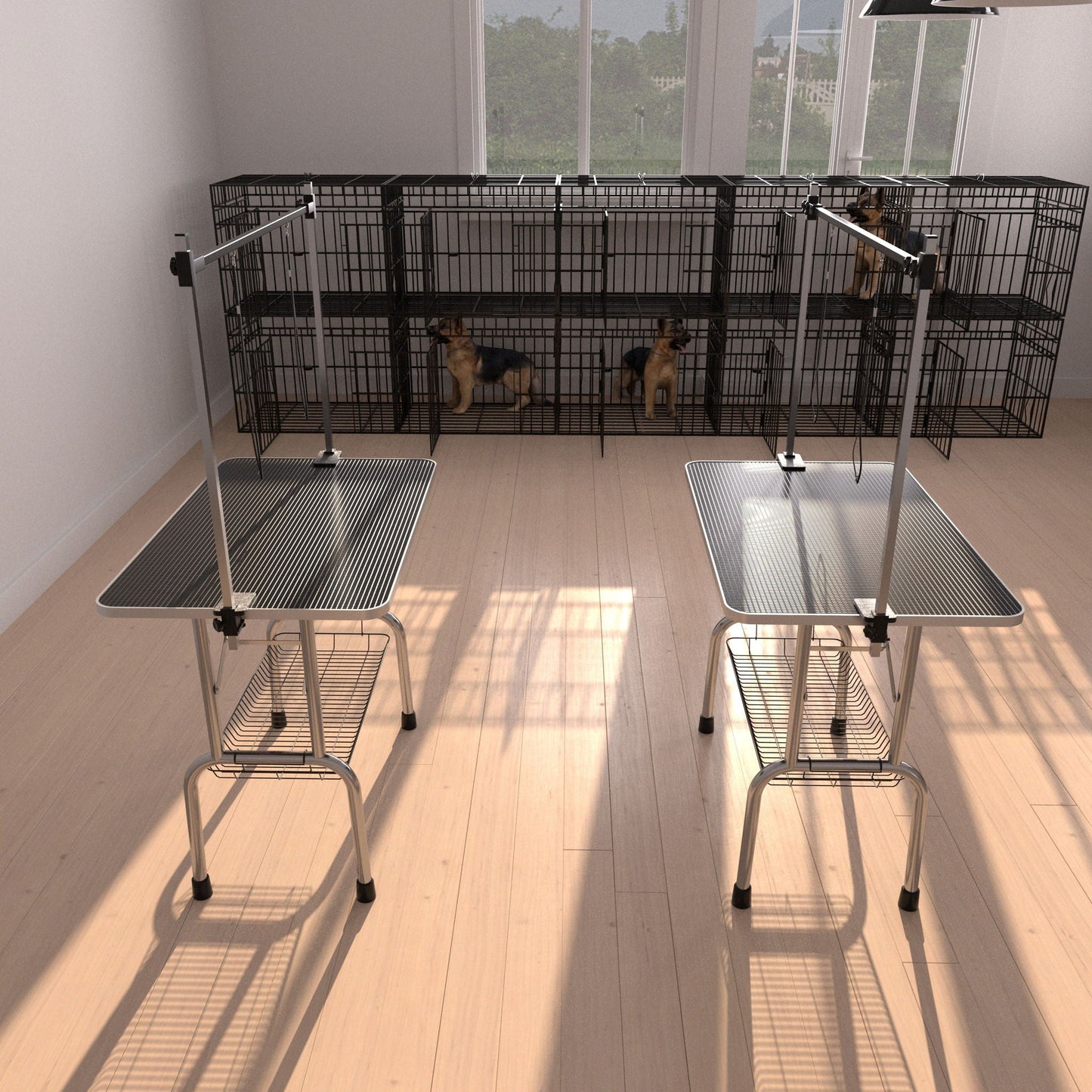 Dog grooming table HouseOfZazla black portable with arm, noose and mesh tray; 2 tables shown on Tampa Home & Garden Store