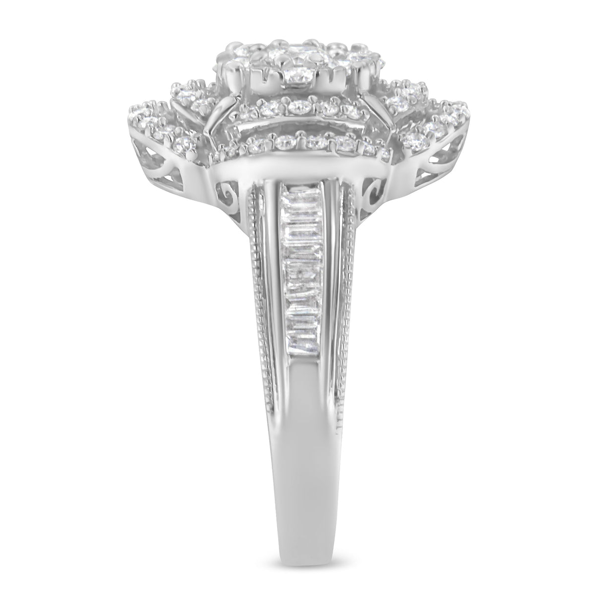 14K white gold diamond floral cluster ring with round & baguette stones channel-set on Tampa Home & Garden Store