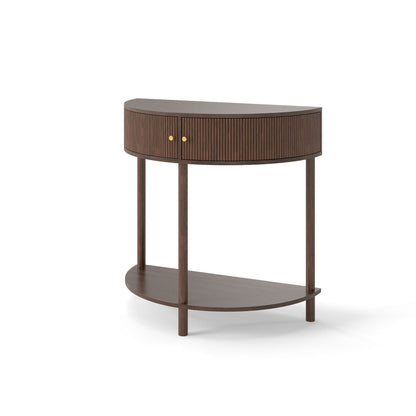 Demi Lune console table with 2 storage drawers in dark walnut finish, brass knobs on Tampa Home & Garden Store