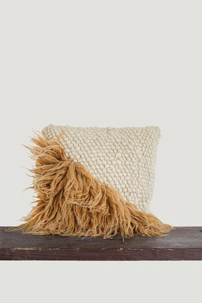 Throw pillow Forest Bark by Creating Comfort; cream chunky-knit cover with tan fringe on Tampa Home & Garden Store