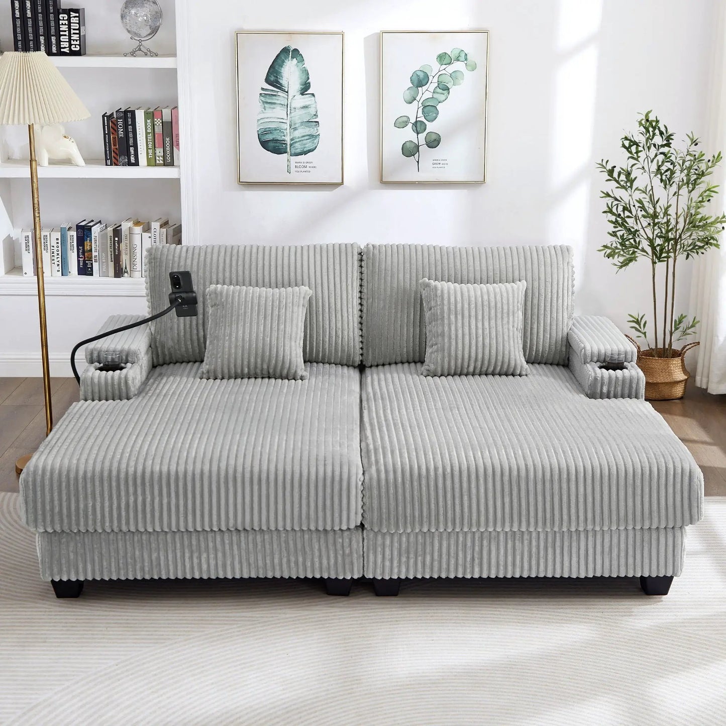 Modern chaise sofa in gray ribbed fabric with plush cushions in a bright living room setup on Tampa Home & Garden Store