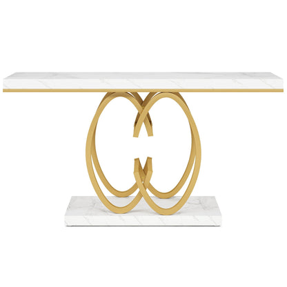 White faux marble console table with gold geometric ring base by HouseOfZazla on Tampa Home & Garden Store