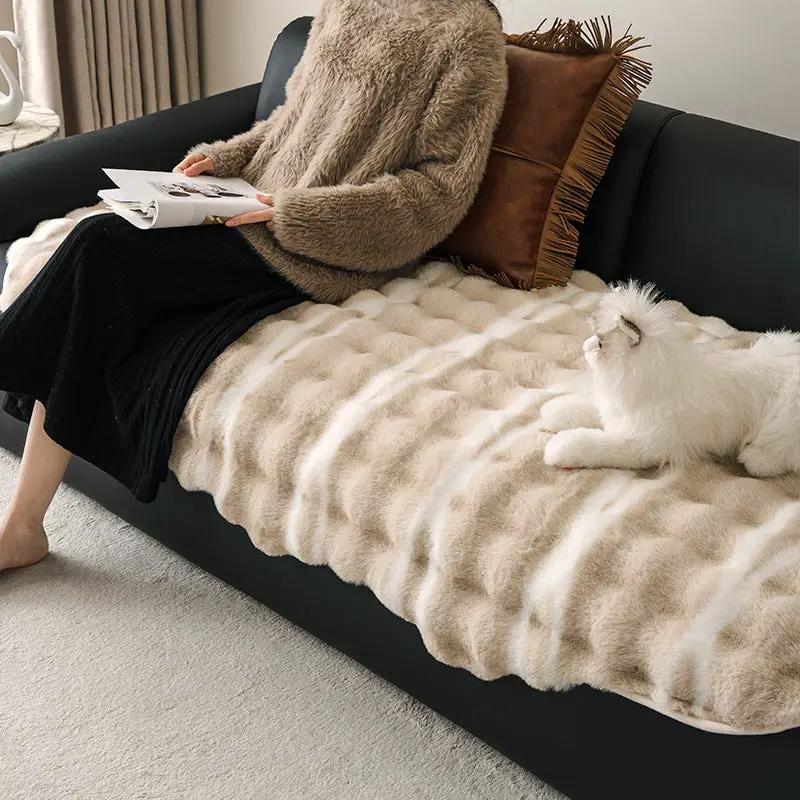 Autumn and Winter thickening irregular sofa cushion in beige plush fur on black sofa on Tampa Home & Garden Store