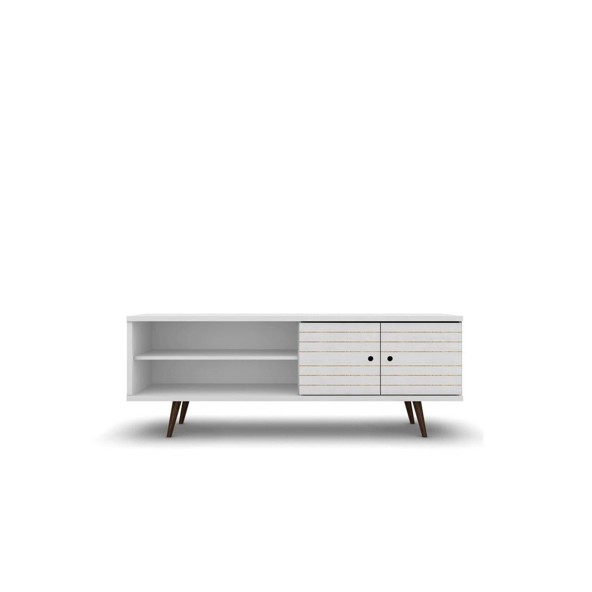 63in TV stand white with solid wood legs, open left shelf and hidden storage behind doors on Tampa Home & Garden Store