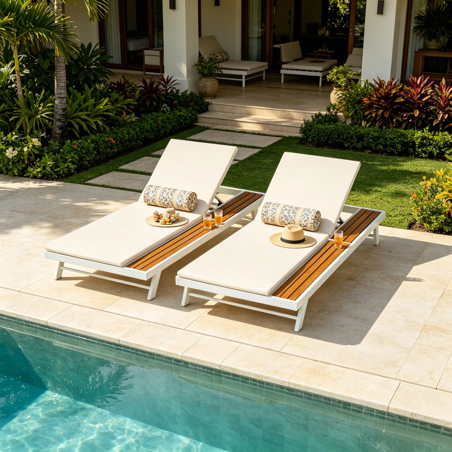White Iron and Teak Finish Outdoor Lounge Set
