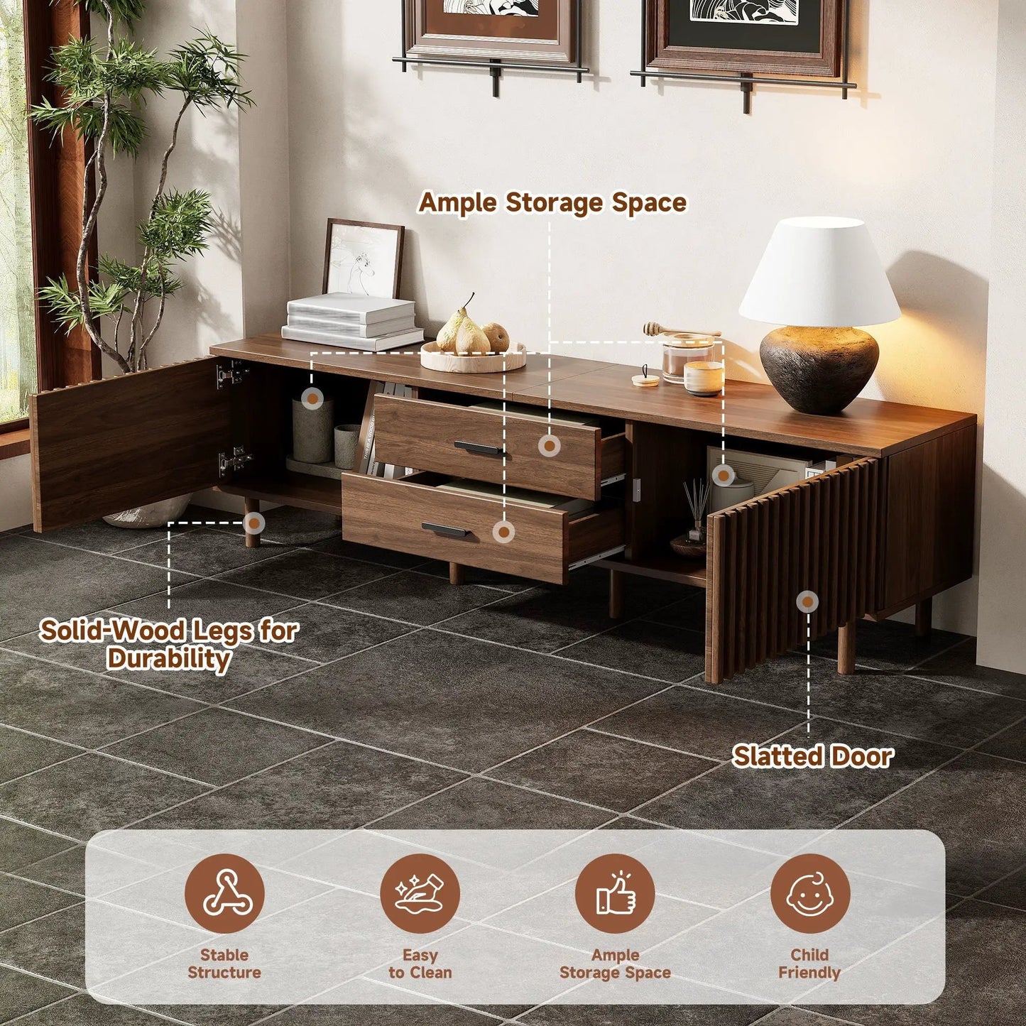 TV Stand for TVs up to 80 in dark brown wood with slatted doors and storage on Tampa Home & Garden Store