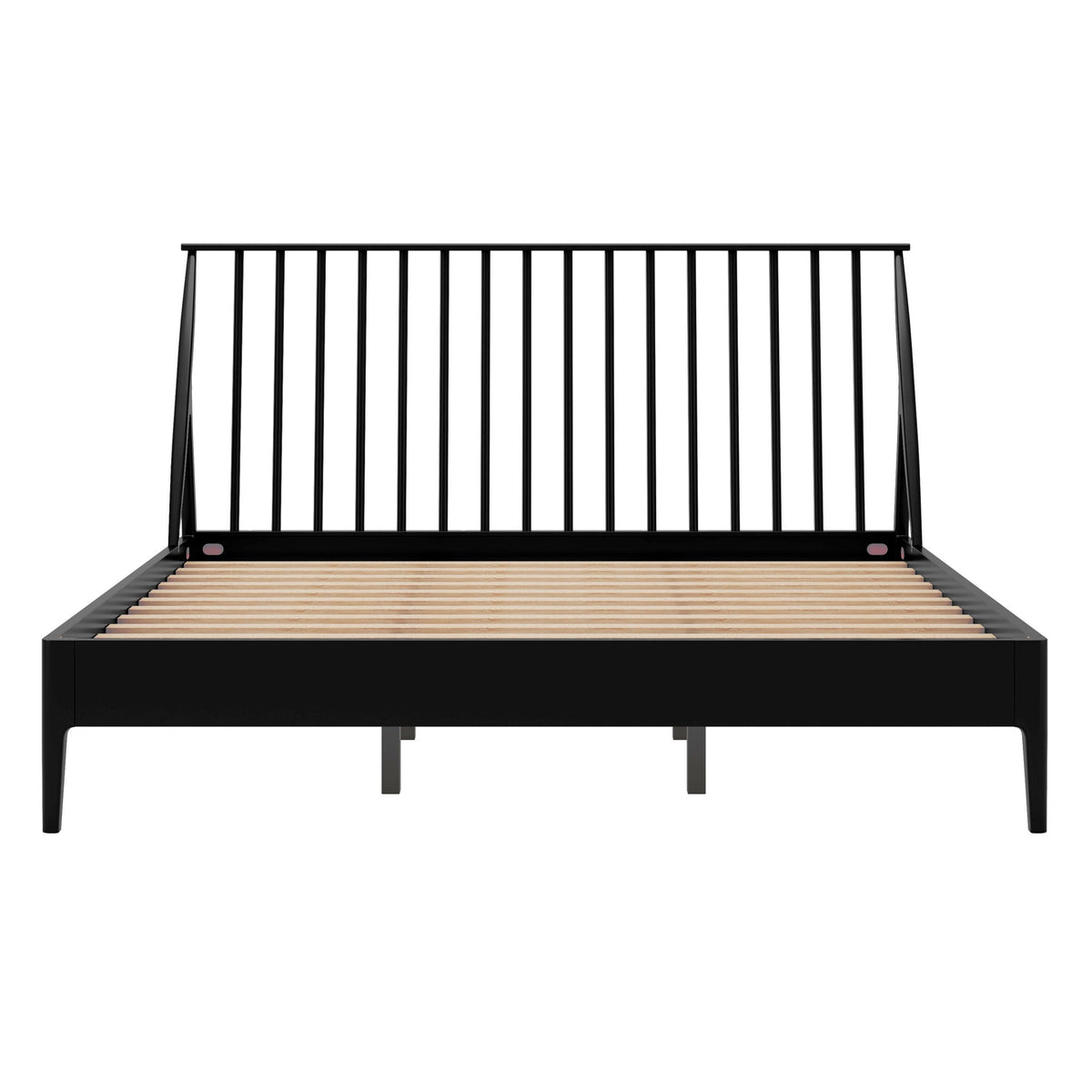 Bohemian platform bed with a tall black metal headboard and natural wood slat base on Tampa Home & Garden Store