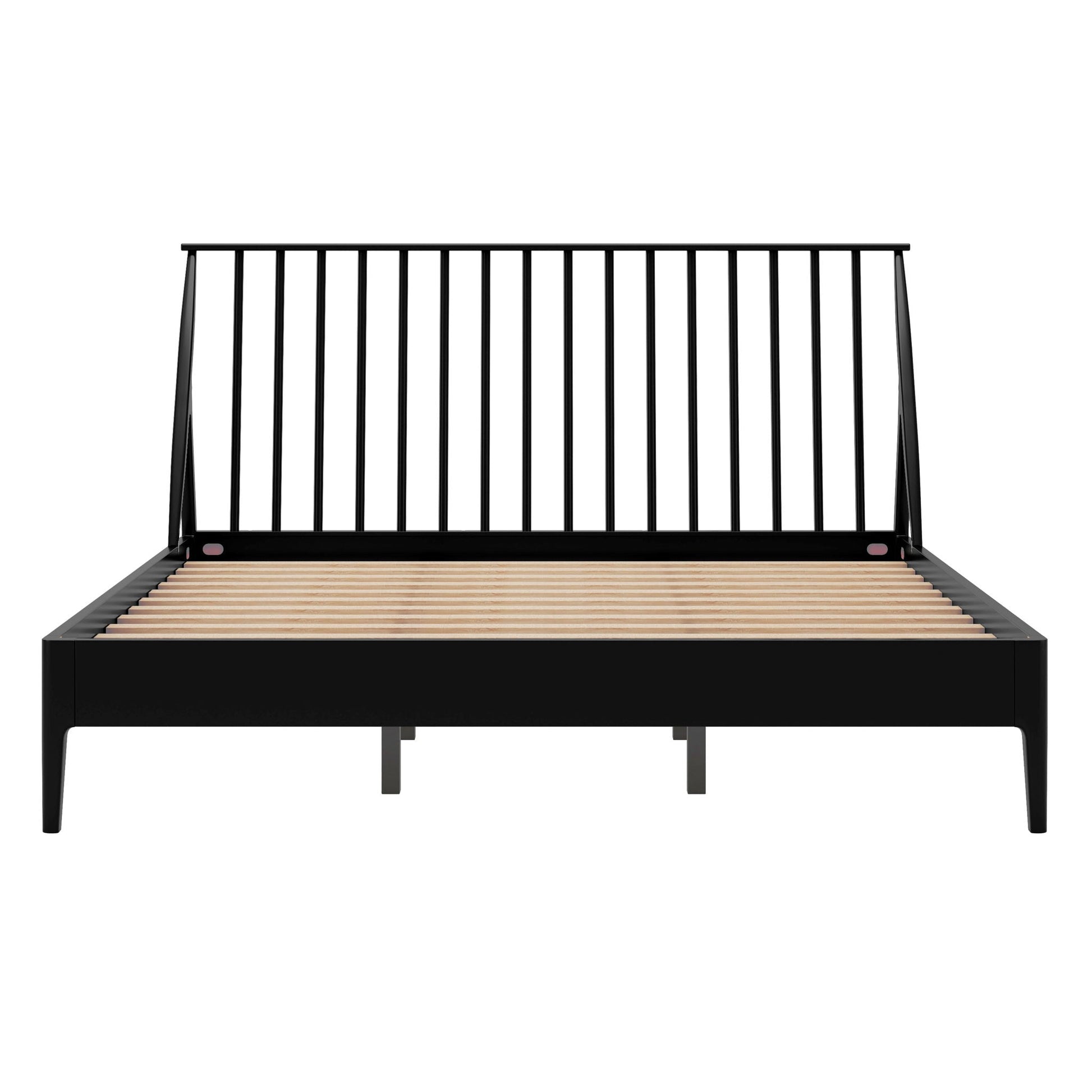 Bohemian platform bed with a tall black metal headboard and natural wood slat base on Tampa Home & Garden Store