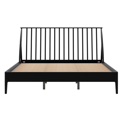 Bohemian platform bed with a tall black metal headboard and natural wood slat base on Tampa Home & Garden Store