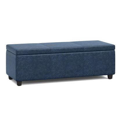 Avalon storage ottoman bench blue faux leather with stitched panels on Tampa Home & Garden Store
