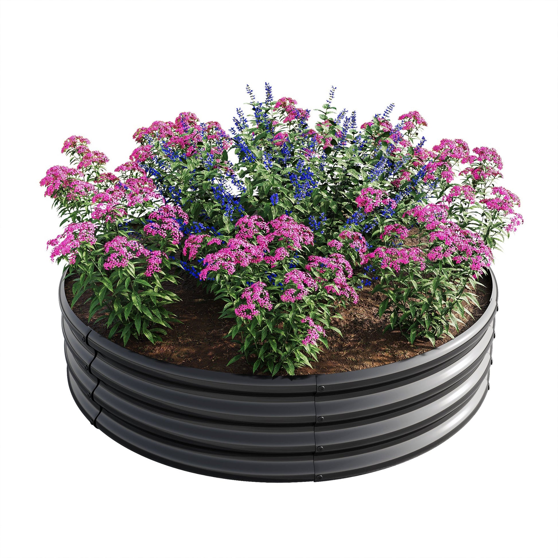 2-pack round raised garden beds dark gray metal, soil-filled with pink and blue plants on Tampa Home & Garden Store