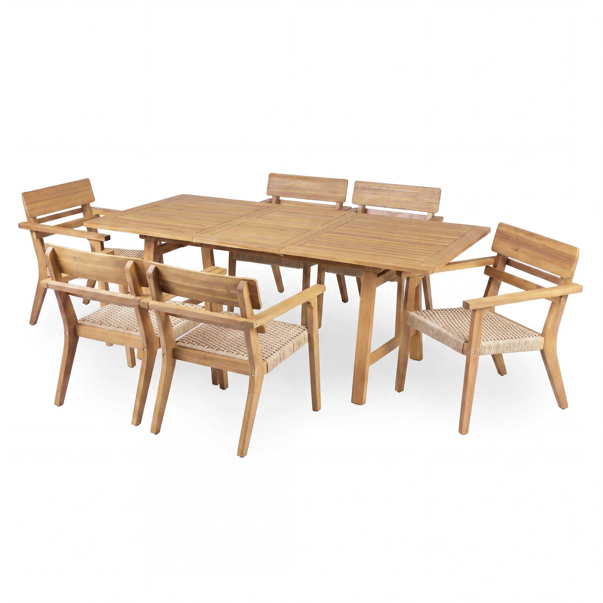 7-Piece Extendable Acacia Wood Outdoor Dining Set with woven-seat chairs by HouseOfZazla on Tampa Home & Garden Store