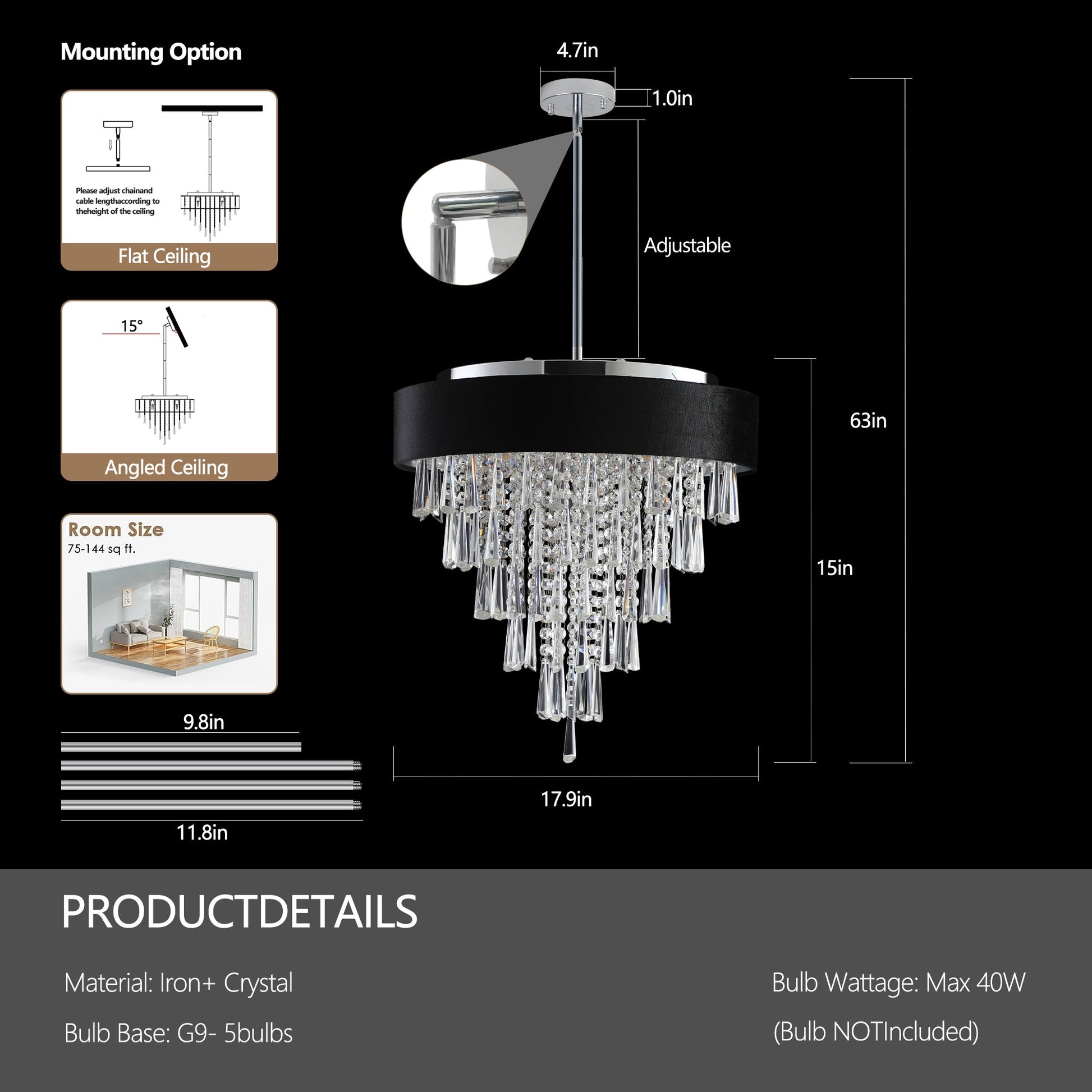 Chandelier 18-inch Modern Crystal with Black Velvet Shade by HouseOfZazla, crystal prisms on Tampa Home & Garden Store