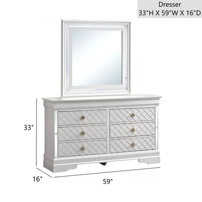 Verona dresser by Unique Piece Furniture, white frame with diamond-pattern mirrored drawers on Tampa Home & Garden Store