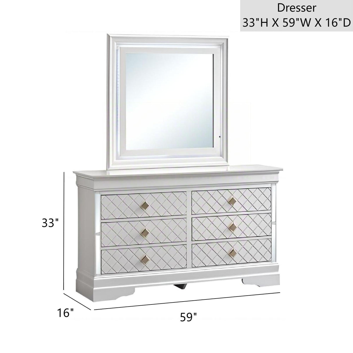 Verona Dresser with Embossed X Design by HouseOfZazla, mirrored lattice-front drawers on Tampa Home & Garden Store