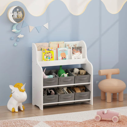 White bookshelf with 6 gray fabric bins, toy organizer for kids by Unique Piece Furniture on Tampa Home & Garden Store