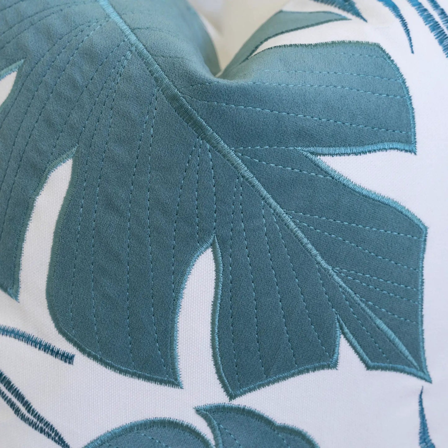 Autumn Vibes Leaf Accent Pillow teal quilted leaf pattern on white fabric on Tampa Home & Garden Store